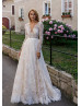 Long Sleeve Ivory Lace Wedding Dress With Chmapagne Lining